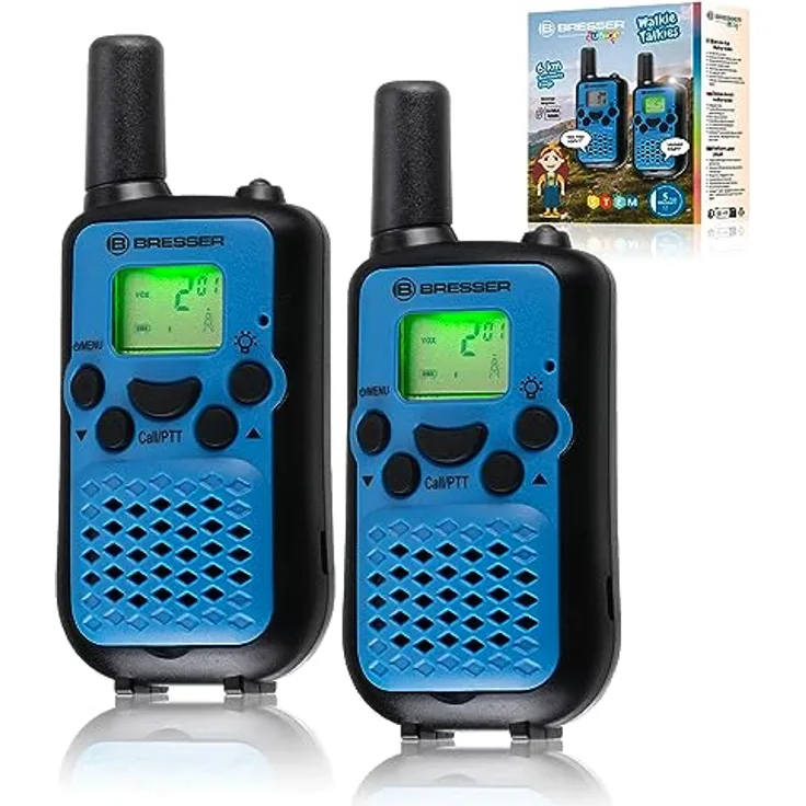 Bresser Junior Walkie Talkie, wiederaufladbare Funkgeräte für Kinder, blau, 6 km Reichweite, 8 Kanäle, Freihand-Modus, mit Taschenlampe