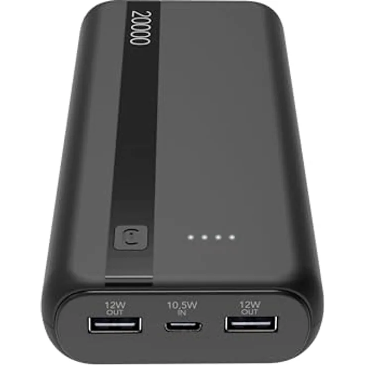 Cellularline Power Bank 20000 - 20.000mAh Kapazität, USB-C 10.5W Input, USB 12W Output, Li-Ion Battery, Helle LEDs, Schwarz