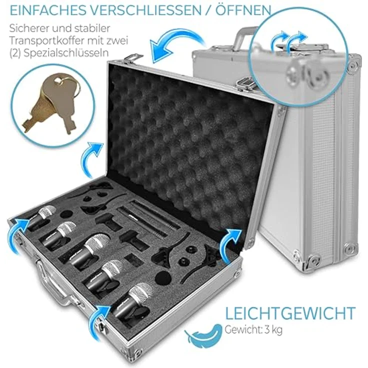 Pyle 7-teiliges Drum Mikrofon Set – Dynamisch & Kondensator, Schwarz/Silber, für Studio und Live mit Koffer, Halterungen und XLR-Anschlüssen – Bild 2