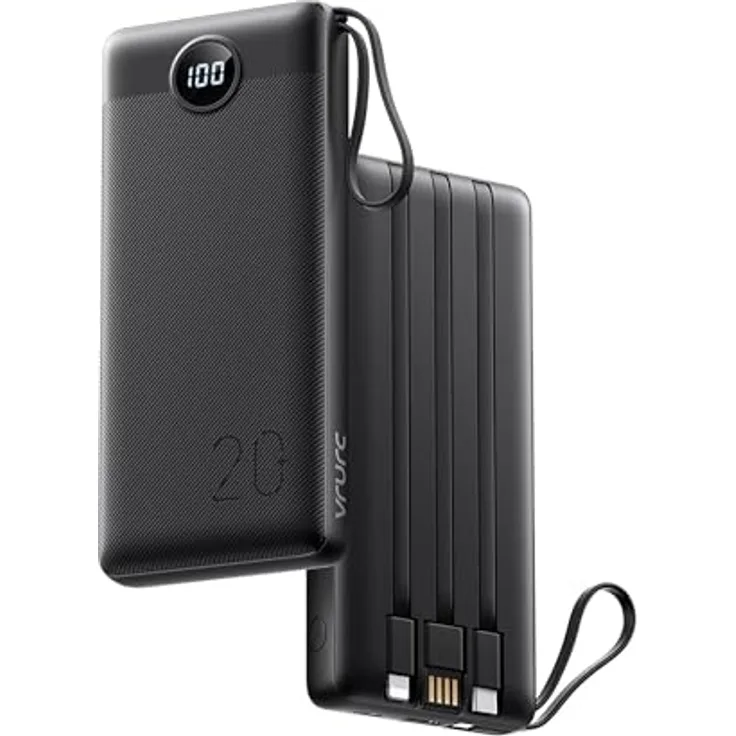 VRURC Powerbank 20000mAh, Tragbares Ladegerät mit integrierten Kabeln, Schnellladung 22,5W, LED-Anzeige, kompatibel mit iPhone, Huawei, Samsung
