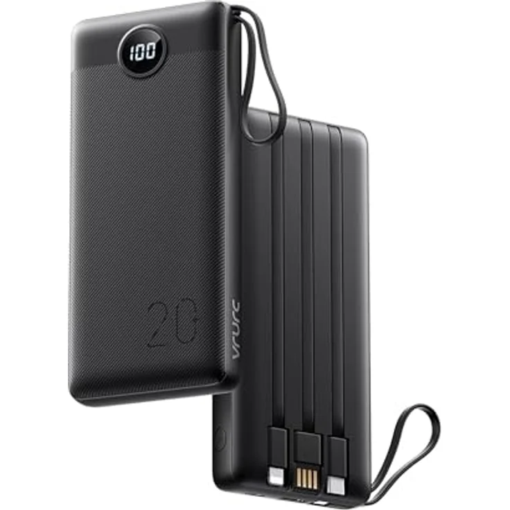 VRURC Powerbank 20000mAh, Tragbares Ladegerät mit integrierten Kabeln, Schnellladung 22,5W, LED-Anzeige, kompatibel mit iPhone, Huawei, Samsung – Bild 1