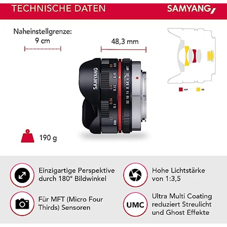 Samyang 7.5mm F3.5 UMC Fish-eye MFT für Micro Four Third, Schwarz  – Bild 3