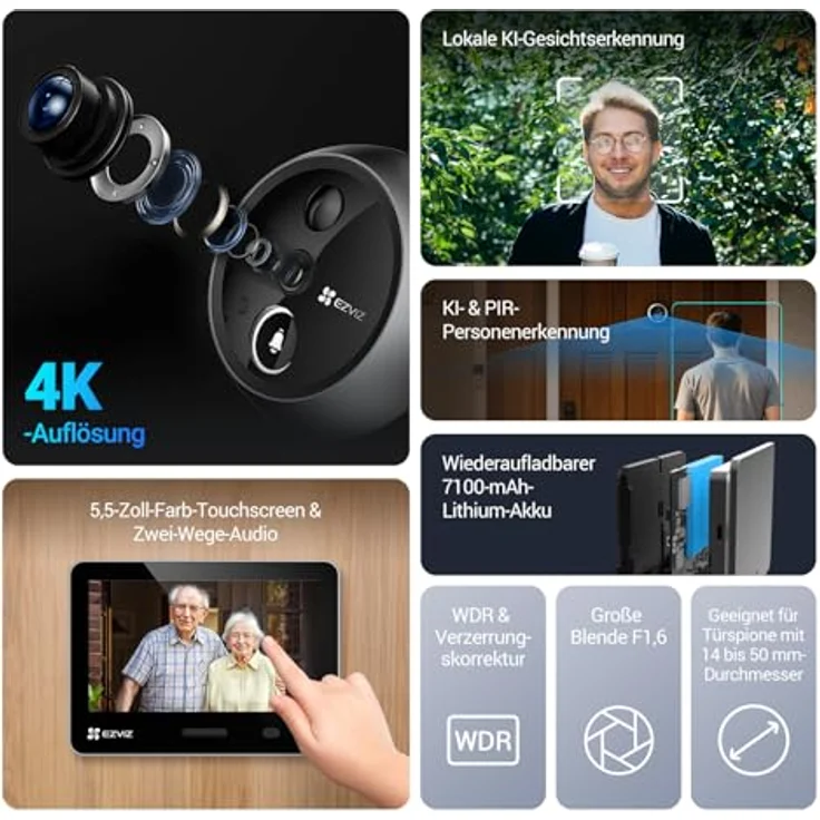 EZVIZ EP4, 4K WLAN Türspion mit 5,5-Zoll-Farbbildschirm, 155° Weitwinkel, 7,100mAh Akku, KI-Personenerkennung, PIR Sensor, Silber – Bild 2