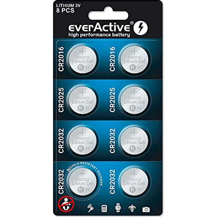 everActive Mix 2X CR2016, 2X CR2025, 4X CR2032 3V Lithium Knopfzelle Batterien, leistungsstärkste Batterie, 10 Jahre Haltbarkeit, 8 Stück -1 Blisterkarte – Bild 2