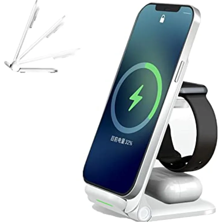 YOOUS 3 in 1 Faltbar Kabelloses Ladegerät,Fast Wireless Charger,Induktive Ladestation Kompatibel iPhone 12 13 11 Pro Max/X/XS/XR/8 Plus Apple Watch 7 SE 6 5 4 AirPods 3/Pro/2Qi-fähige Handy,Weiß-A