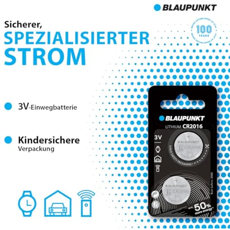 Blaupunkt Lithium Coin CR2016, Knopfzelle 2 Stück im Blister, zuverlässige Leistung, extreme Temperaturen von -30°C bis +60°C, bis zu 10 Jahre Haltbarkeit – Bild 2