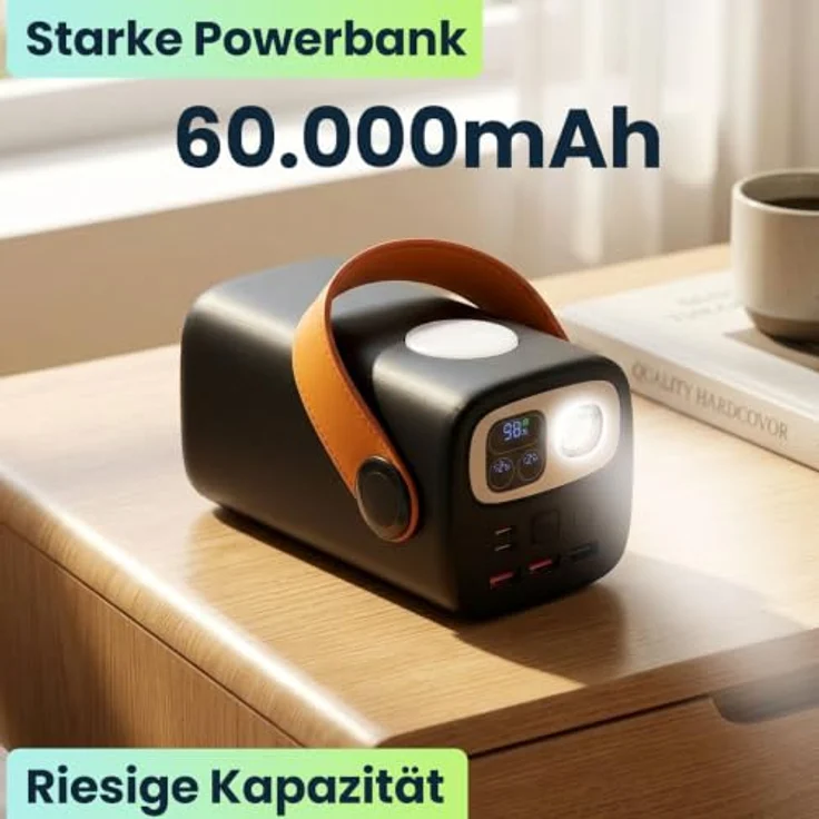 ideoon Powerbank 60000mAh, 100W, USB-C PD Externer Akku mit LED Lampe und Dimmstufen für Laptop, Notebook, Smartphone - Schwarz/Orange – Bild 2