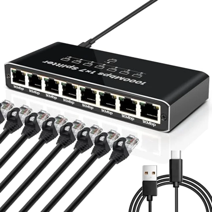 Bundviel LAN Splitter 1 auf 7 Gigabit Ethernet Switch 1000Mbps, RJ45 Netzwerk Verteiler mit USB-C Stromversorgung, ideal für Router, Computer, IPTV, Smart-Kameras und mehr – Bild 1
