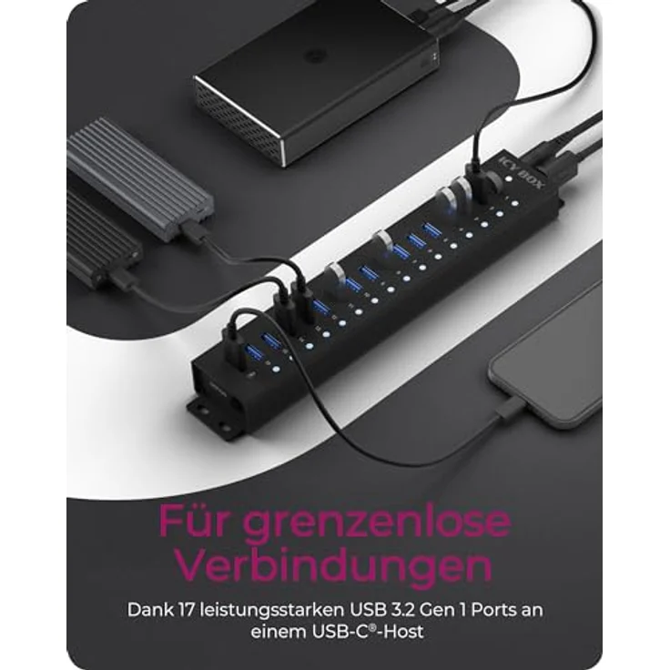 ICY BOX USB HUB (17 Ports) 16x USB & 1x USB Laden, USB 3.2 Gen 1 (5 Gbit/s pro Port), mit 96W Netzteil, USB-A, Aluminium, IB-HUB1717-U3 – Bild 2