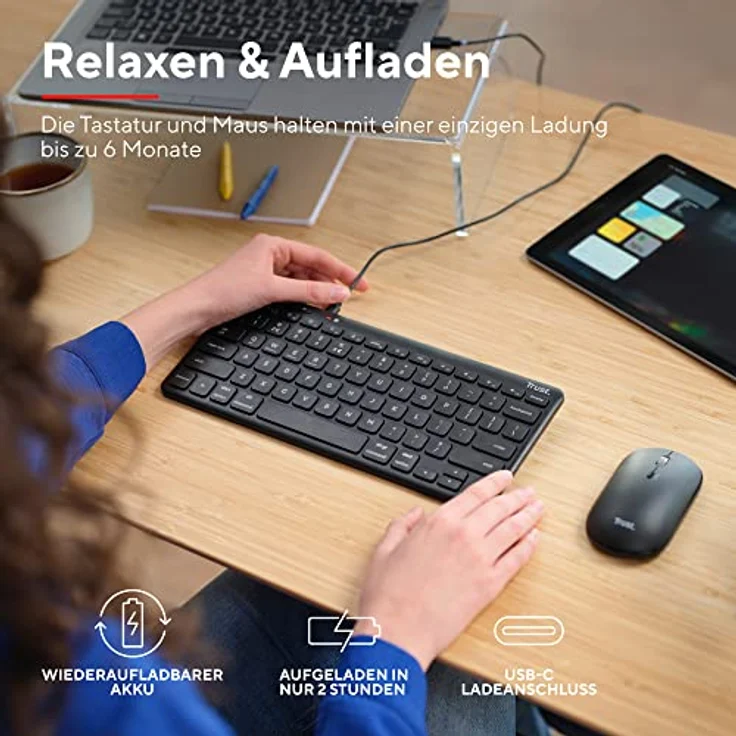 Trust Lyra Bluetooth Tastatur Maus Set Kabellos, QWERTZ-Layout, 84% Recyclingkunststoff, Wiederaufladbare Multi-Device Funktastatur mit Maus für PC, Laptop, Mac, iPad, Android, iOS – Schwarz – Bild 5