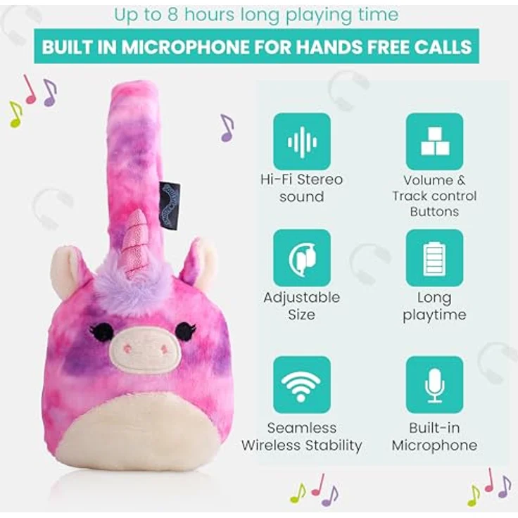 Squishmallows Lola the Unicorn, Bluetooth Kopfhörer mit Mikrofon, bis zu 6 Stunden Akkulaufzeit, rosa – Bild 3