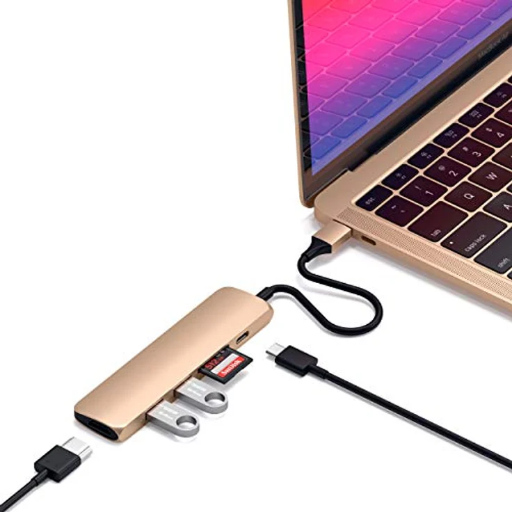SATECHI Slim Aluminium Type-C Multi-Port Adapter V2 mit USB-C PD, 4K HDMI (60Hz), Micro/SD Kartenleser, USB 3.0 – Kompatibel mit 2022 MacBook Pro/Air M2, 2020 MacBook Pro/Air M1 (Gold) – Bild 1