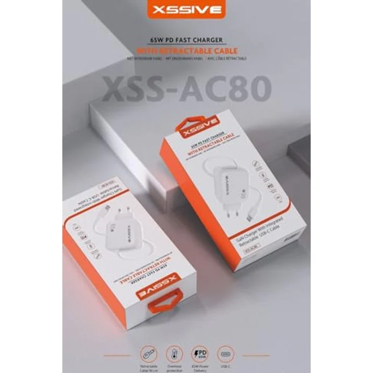 Xssive XSS-AC80, 65W PD Schnellladegerät mit einziehbarem USB-C Kabel und Dual-Ladefunktion, kompakt und weltweit einsetzbar – Bild 2