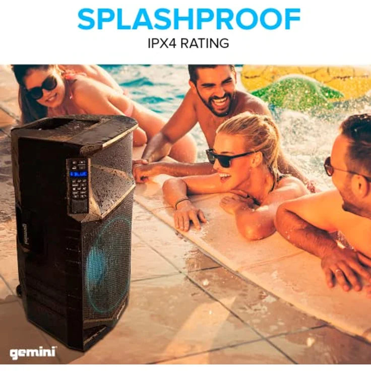 Gemini GSW-T1500PK - aktiver Outdoor 15" Lautsprecher - 1500 Watt Party Box - Bluetooth, USB und FM-Radio Player - IPX4 - Akku - integrierte Rollen - LED Beleuchtung – Bild 2