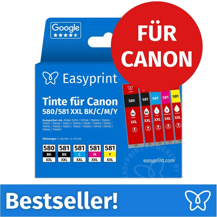 Easyprint PGI-580/581 XL Tintenpatronen, kompatibles Multipack für Canon, 5 Farben, hohe Füllmenge