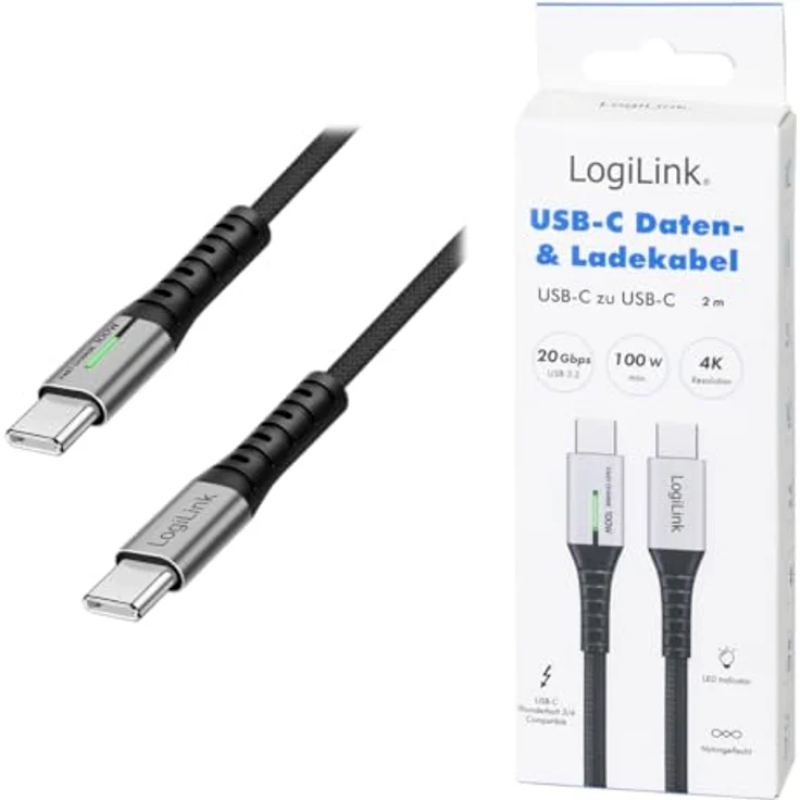 LogiLink CU0434 USB 3.2 Gen2x2 Type-C Kabel M/M, 100W mit LED-Anzeige, 2m, schwarz – Bild 7