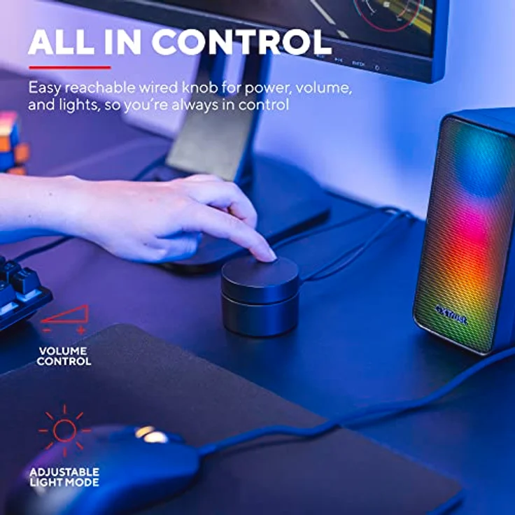 Trust Gaming GXT 611 Wezz 2.0 PC Lautsprecher mit RGB LED-Beleuchtung, 12 W (6 W RMS), 3,5 mm AUX Klinke, USB Soundsystem, Stereo Computer Boxen für PC, Laptop, Tablet, Desktop - Schwarz – Bild 4