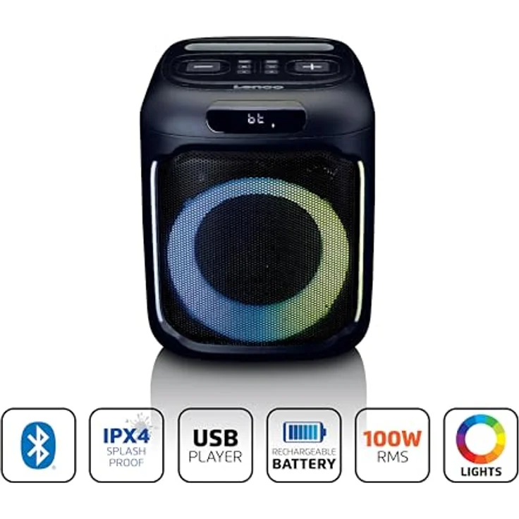 Lenco PA-101BK Bluetooth Party Speaker - Tragbare Box 100W RMS, Disco Light, USB Playback - Schwarz – Bild 2