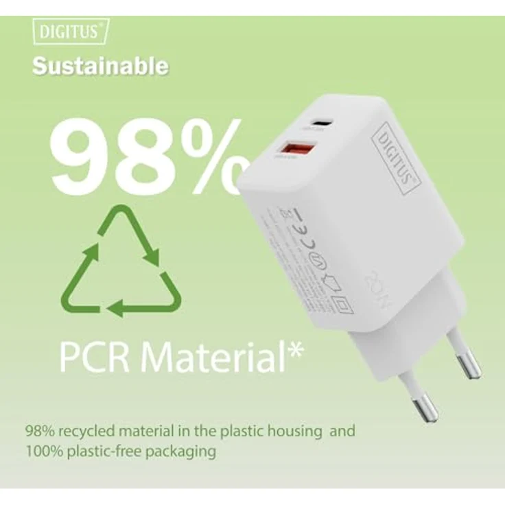 DIGITUS USB-Ladegerät 2-Port, USB-C und Typ-A, bis zu 20W, Schnellladegerät, geeignet für Handys, Tablets, Smartwatches, Bluetooth-Kopfhörer, Weiß – Bild 3