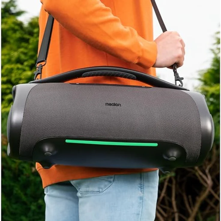 MEDION P61768 tragbarer Bluetooth Lautsprecher (Akku, Bass Boost, RGB Lichteffekte, IPX7 Wasserschutz & robust, integrierte Powerbank, 2X 25 W + 50 W RMS) Anthrazit – Bild 2