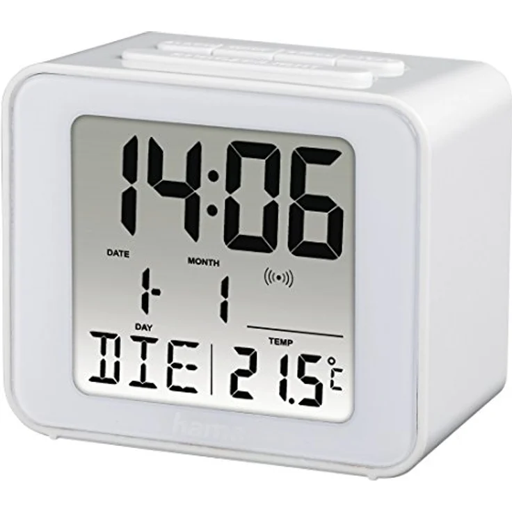 Hama Funkwecker digital (Kleiner Wecker mit Funk und Licht, Reisewecker mit automatischer Zeitanpassung, Digitalwecker inkl. Batterie) weiß – Bild 1
