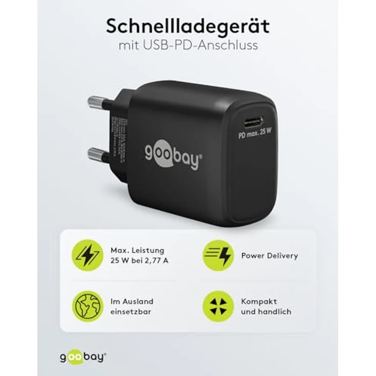 goobay 65367 USB-C PD Schnellladegerät Nano (25 W) / Adapter für USB-C Ladekabel/Quick Charge Ladegerät/Für iPhone Ladekabel, Samsung Ladekabel und andere Handy/Netzteil/schwarz – Bild 2