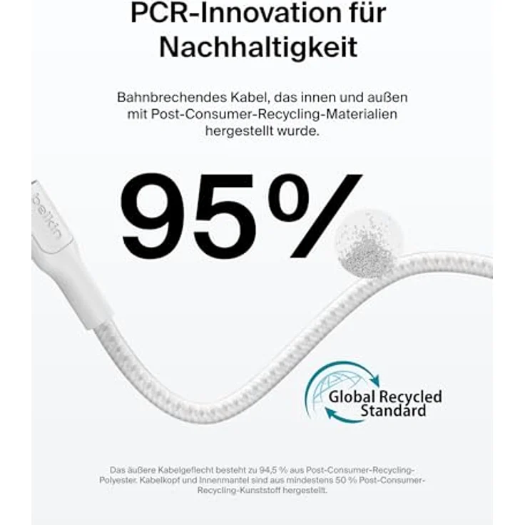 Belkin Eco USB-C auf USB-C Kabel, 3 m, 240 W, flexibles Schnellladekabel in Weiß für iPhone 16, Galaxy S25, Pixel 9, MacBook, iPad Pro und mehr – USB 2.0 – Bild 3