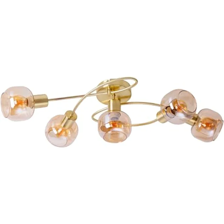 Näve Leuchten - 5er Spot/Deckenleuchte Libby Messing - Aus messingfarbenem Metall und getöntem Glas - Deckenlampe für Esszimmer, Wohnzimmer, Diele oder Büro - Amber, 65,5 cm