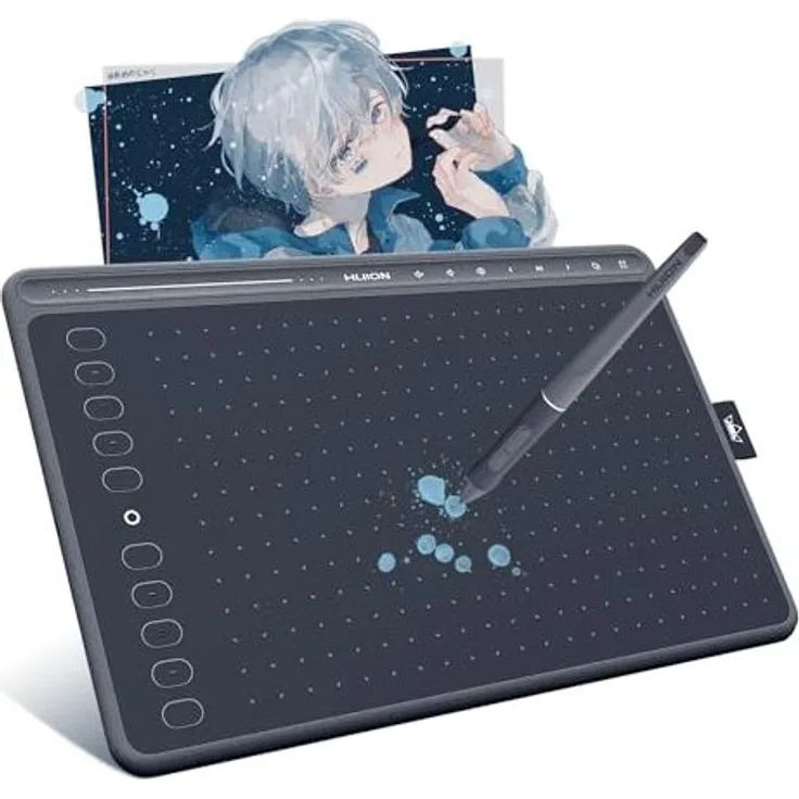HUION HS611 Grafiktablett, 10,2 x 6,36 Zoll, Professionelles Zeichentablett mit Batterielosem PW500-Stift und Integrierter Medienleiste in Space Grey