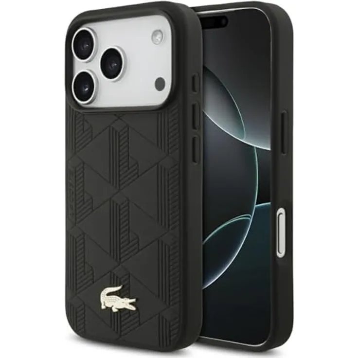 Lacoste Hardcase Monogramme Gold Logo MagSafe (LCHMP17LPNOK), PU-Leder Smartphone Hülle für iPhone 17 Pro, Schwarz mit exklusivem Design und Kratzschutz