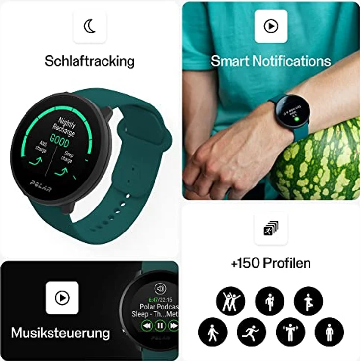 Polar Unite Sportuhr + Smartwatch (43 mm, Kunststoff, Stahl, Schwarz), mit integriertem Sensor – Bild 4