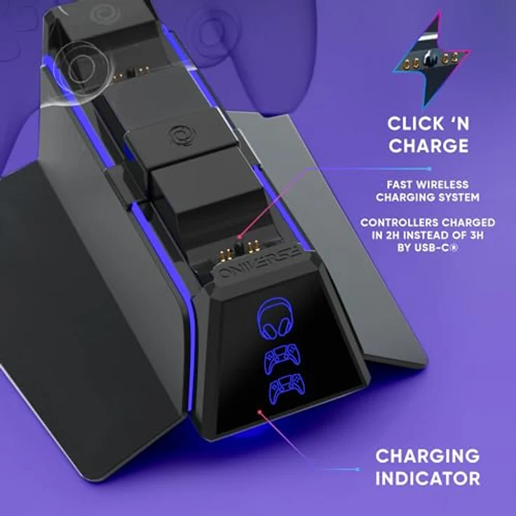 Oniverse PS5 Controller Ladegerät, 2H Schnellladestation mit abnehmbarer Kopfhörerhalterung, Dual Charger kompatibel mit DualSense, Schwarz – Bild 3