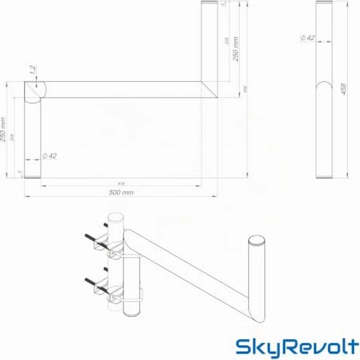 SkyRevolt Z-Ausleger 50cm Rohr 42mm mit Zahnschellen, Geländer-Ausleger für Satelliten-Schüssel aus verzinktem Stahl – Bild 5
