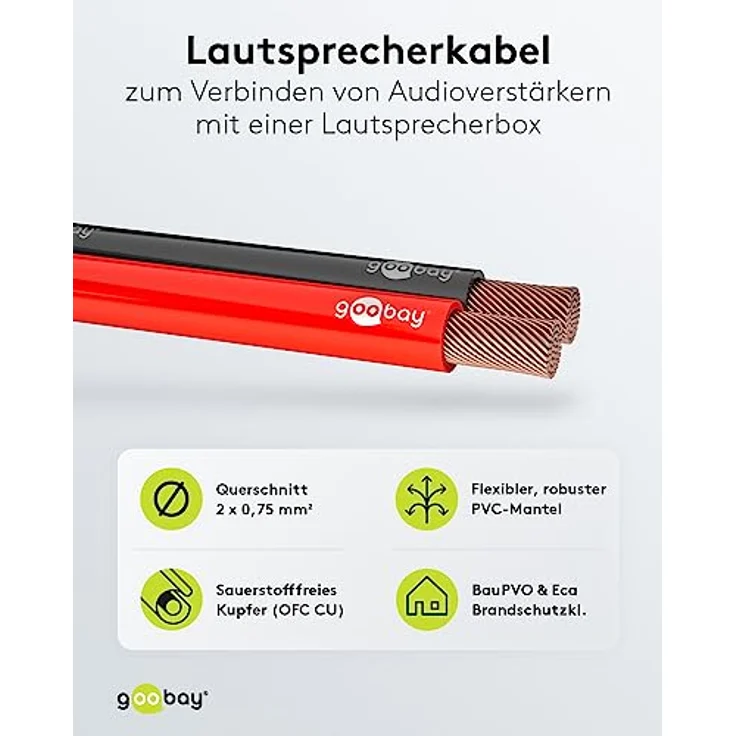 Goobay 67735 Lautsprecherkabel 2x2,5mm² CCA Litze / Boxenkabel Audio Kabel Meterware / Speaker Cable Litzenkabel Audiokabel / Subwoofer Kabel / Rot Schwarz / 10m – Bild 2