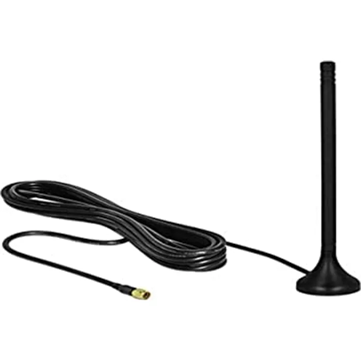 DELOCK LTE Antenne SMA Stecker 3-5 dBi 12,5 cm starr omnidirektional mit magnetischem Standfuss und Anschlusskabel RG-174 A/U 3 m