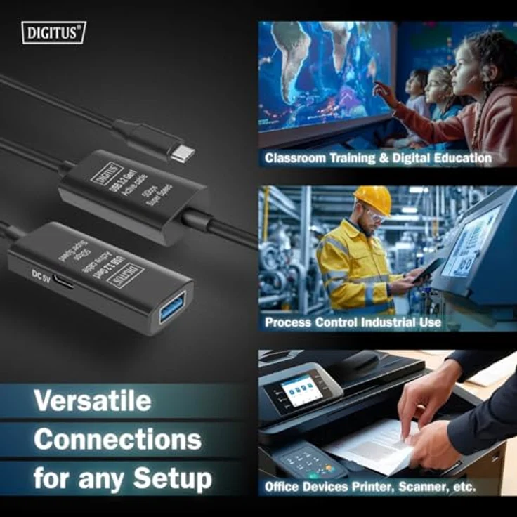 DIGITUS Aktives USB Verlängerungskabel - USB-A Buchse zu USB-C Stecker - 10 m - USB 3.2 Gen1-5 Gbit/s - Plug & Play - mit Signalverstärker - Schwarz – Bild 4