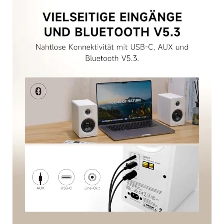 Edifier M60 Multimedia-Lautsprecher Bluetooth 5.3, 66W RMS, Hi-Res Audio & Hi-Res Wireless Audio, LDAC, 3" Mittelbass & 1" Hochtöner, USB-C & Aux-Eingänge, Kompakter Desktop Lautsprecher - Weiß – Bild 5