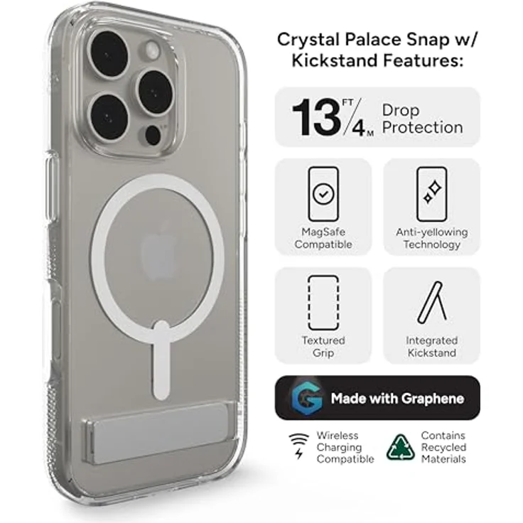 ZAGG Crystal Palace Snap KS Graphen-Verstärkte Hülle für iPhone 16 Pro [6.3-Inch] mit integrated Standfuß, MagSafe-kompatibel, Transparent – Bild 3