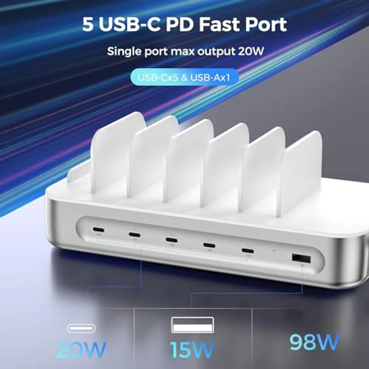 4smarts Ladestation Team 100W 5C/1A, Ladegerät für bis zu 9 Geräte, inkl. 5 USB-C-Kabel und 4in1-Kabel, Schnellladung, Silber – Bild 3