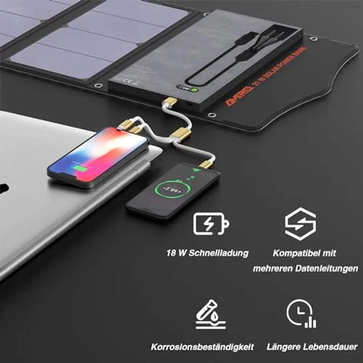 Yard Force Tragbares Solar-Ladegerät LX PB21, Powerbank mit 13000 mAh, 2 USB-Anschlüssen, 21 W, schwarz – Bild 3