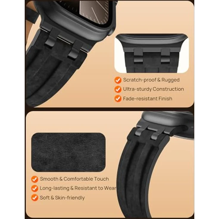 Astorgos Leder Armband für Apple Watch (Ultra 3/2/1 49mm, S11/S10 46mm, 9/8/7 45mm, SE/6/5/4 44mm, 3/2/1 42mm) in Schwarz, Hochwertiges Material mit Metallverschluss, Vintage-Design für Männer und Frauen – Bild 4