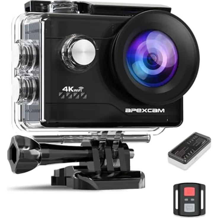 Apexcam M80Air Action Cam, 4K/60FPS, 64 MP, wasserdicht bis 40 m, 8X Zoom, WiFi, inkl. 2x1350mAh Akkus und Zubehör-Set