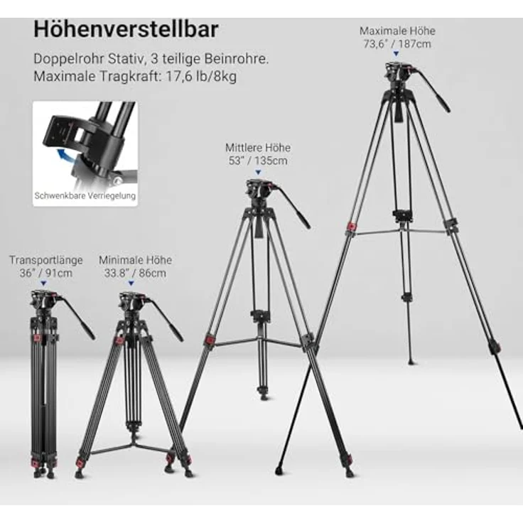 Neewer TP74 Videostativ mit Fluidkopf, QR Platte, höhenverstellbar 86-187 cm, für DSLR Kameras, Tragfähigkeit 8 kg – Bild 2