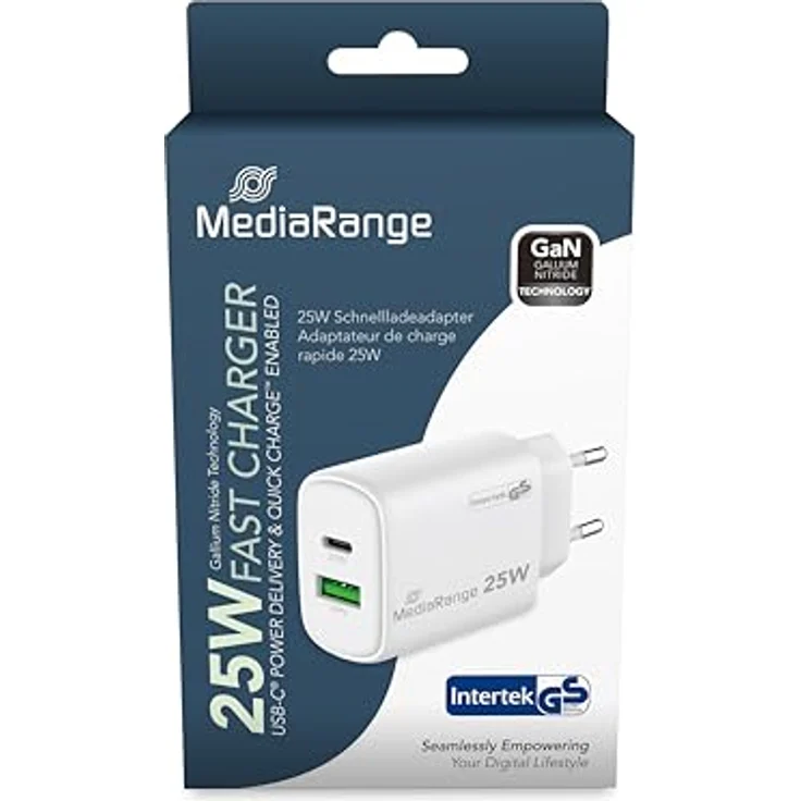 MediaRange 25W GaN Schnellladeadapter (EU-Stecker), 1x USB-C und 1x USB-A, unterstützt USB-C® Power Delivery und Quick Charge™, Weiß, kompakt und leicht – Bild 2