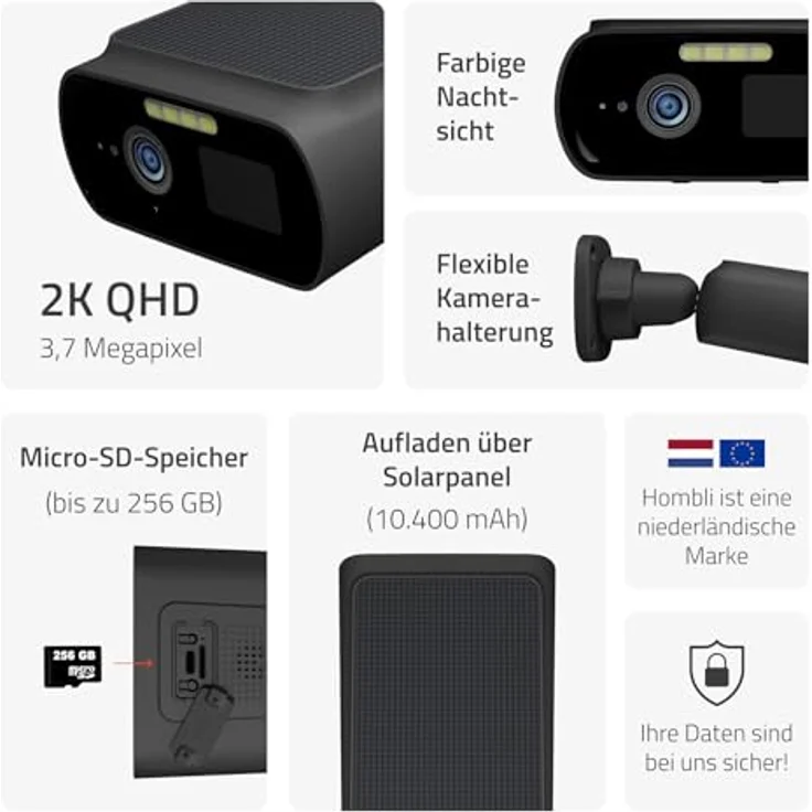 Hombli 2K Solar Überwachungskamera Aussen | Farbige Nachtsicht, Bewegungsaktiviertes Flutlicht & Alarm | IP66 Wasserdicht, Kompatibel mit Alexa & Google – Bild 2