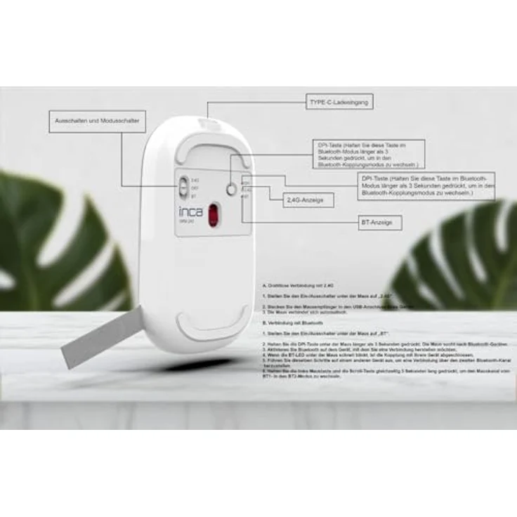 İnca IWM-242K, Kabellose Funkmaus mit Katzendesign, Bluetooth 5.4 und 2.4G, 800/1200/1600 DPI, ergonomisch und leise für Laptop, Mac, PC – Bild 5