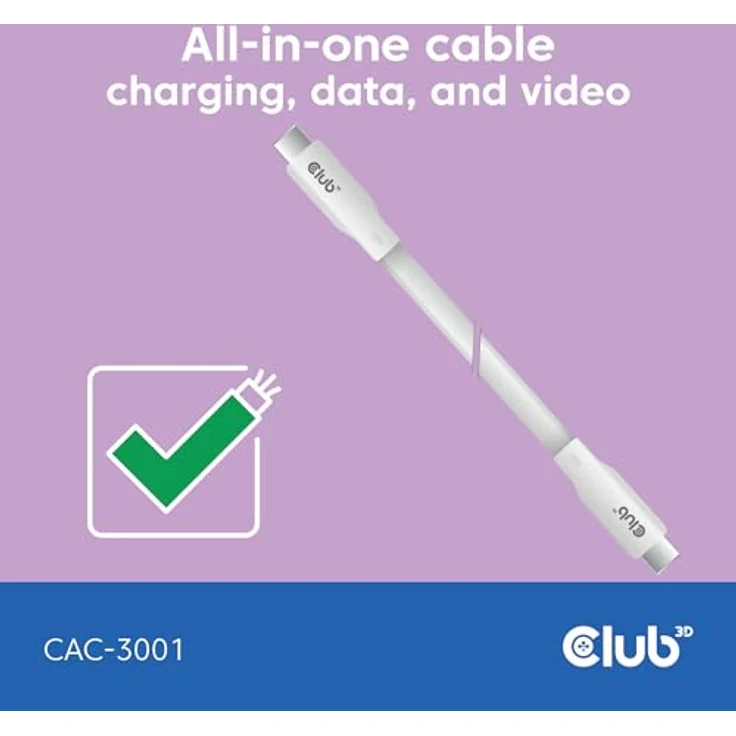 Club3D CAC-3001 Lifestyle USB-C Kabel PD 240W, 20Gbps, 2m, weiß, unterstützt iPhone und Android, E-Marker-Chip, 4K60Hz Video – Bild 4