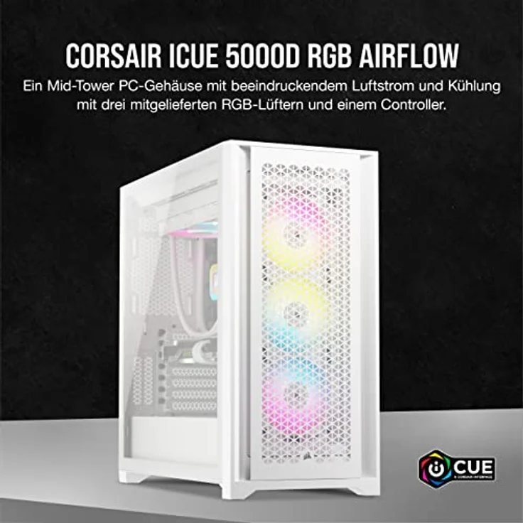 Corsair iCUE 5000D RGB Airflow Mid-Tower-Gehäuse, True White – 3 × AF120 RGB ELITELüfter, iCUE Lighting Node PRO-Beleuchtungssteuerung – Konstruktion Mit Hohem Luftdurchsatz - Weiß – Bild 2