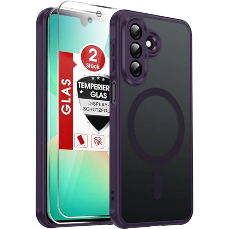 LeYi Magnetische Handyhülle für Samsung Galaxy A27 5G, Militärschutz, Mattes Durchscheinendes Case Cover, Violett, 2 Stück Schutzfolie – Bild 1