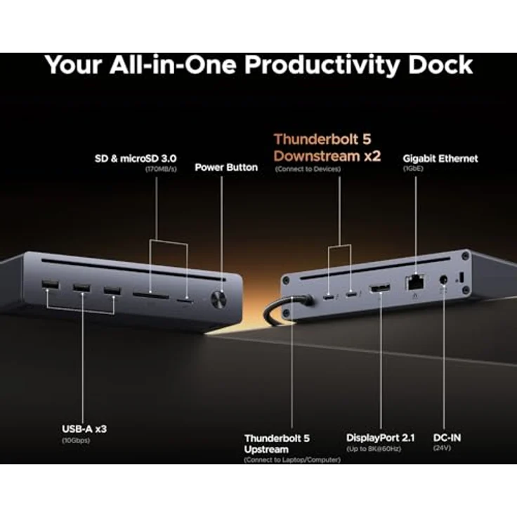 UGREEN Maxidok Thunderbolt 5 Docking Station, 10-in-1 TBT5 Dock, 120Gbps Datentransfer, Single 8K/Dual 6K@60Hz Display, 100W Aufladen, Gigabit Ethernet für MacBooks und Windows-Laptops – Bild 2